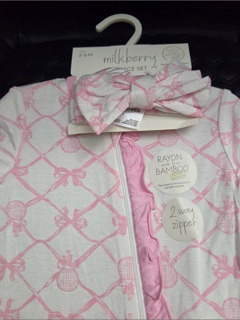 NWT MILKBERRY Infant Girls Bamboo Bows and Pickleball Footies with Headband